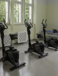 Wnętrze zdziennego domu. Pomieszczenie rehabilitacji ruchowej. Na szarej podłodze stoją trzy rowery treningowe. W tle stół rehabilitacyjny i duże okno z widokiem na zielone korony drzew